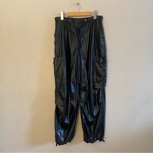 Olivaceous Shiny Black Oversized Baggy Cargo Pants 55% Suede 45% PU - Large NWT